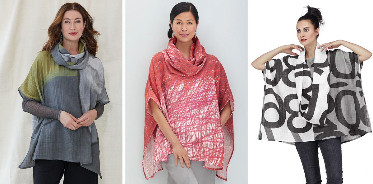 Three versions of Andrea Geer’s Nikola Poncho, showcasing her different approaches to digital printing, including an original painting (left), an electric pen drawing (center), and her numerical design (right).