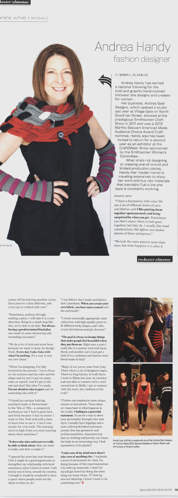 Andrea Handy Fashion Designer article in Rochester Magazine August 2014